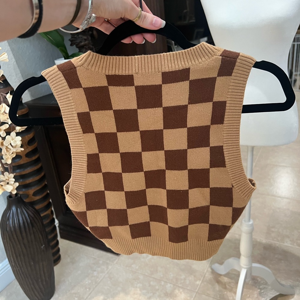 Princess Polly Tan and Brown Checkered Knit Top - Picture 2 of 2